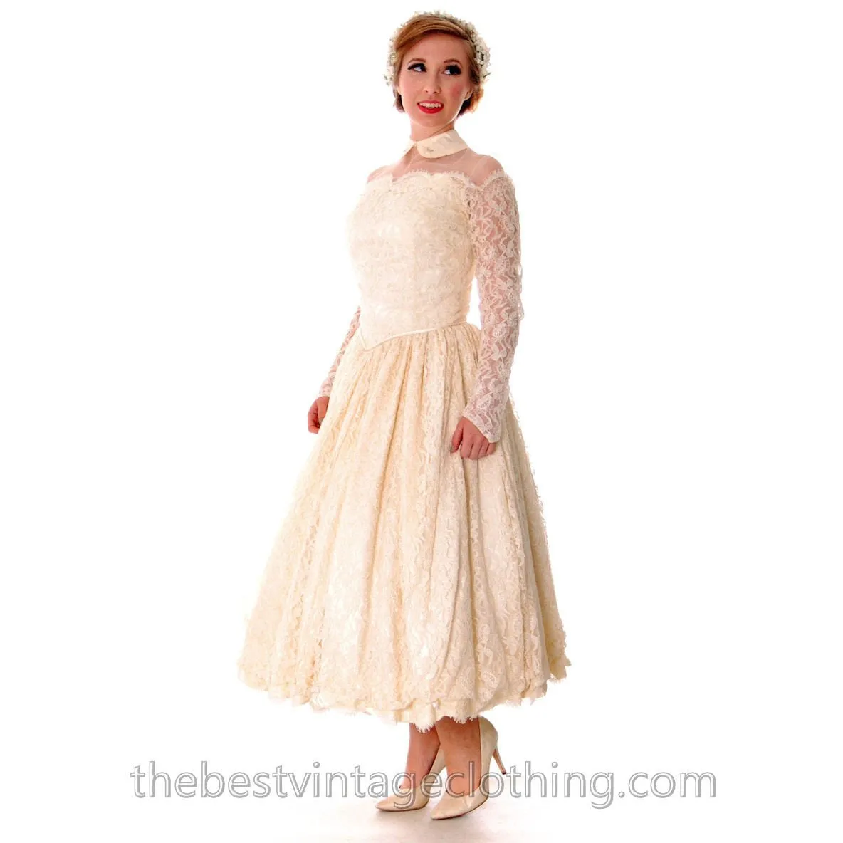Vtg Wedding Dress Late 1940s New Look Candlelight Chantilly Lace 30-23-Free Small