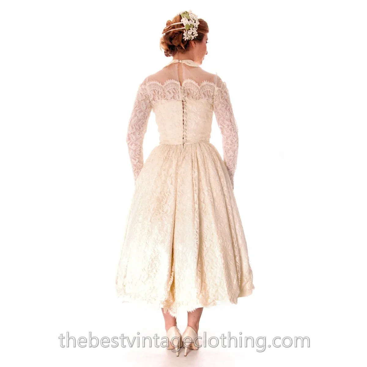 Vtg Wedding Dress Late 1940s New Look Candlelight Chantilly Lace 30-23-Free Small