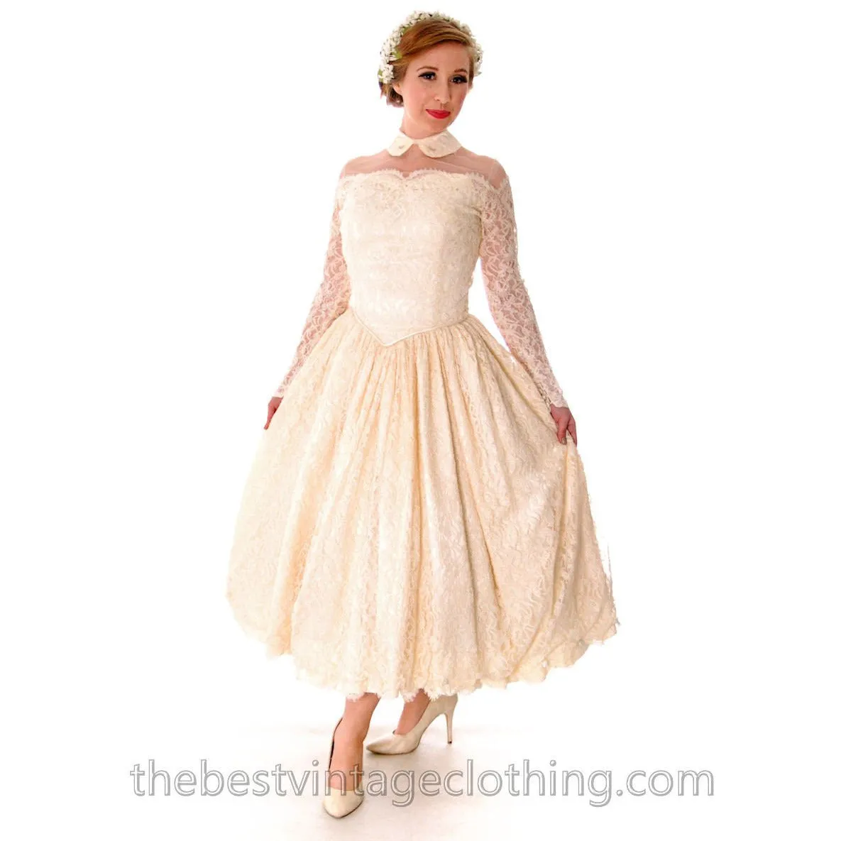 Vtg Wedding Dress Late 1940s New Look Candlelight Chantilly Lace 30-23-Free Small