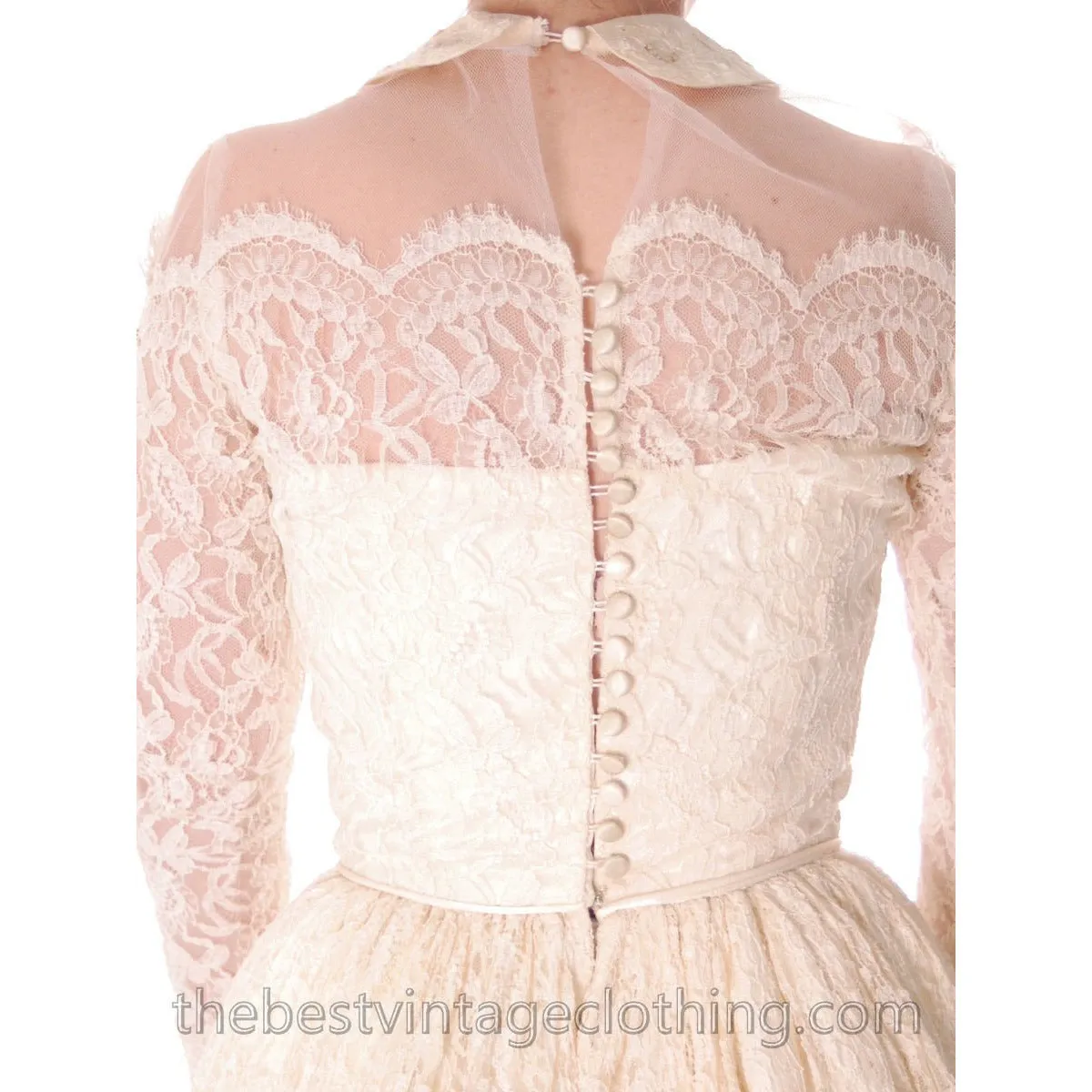 Vtg Wedding Dress Late 1940s New Look Candlelight Chantilly Lace 30-23-Free Small