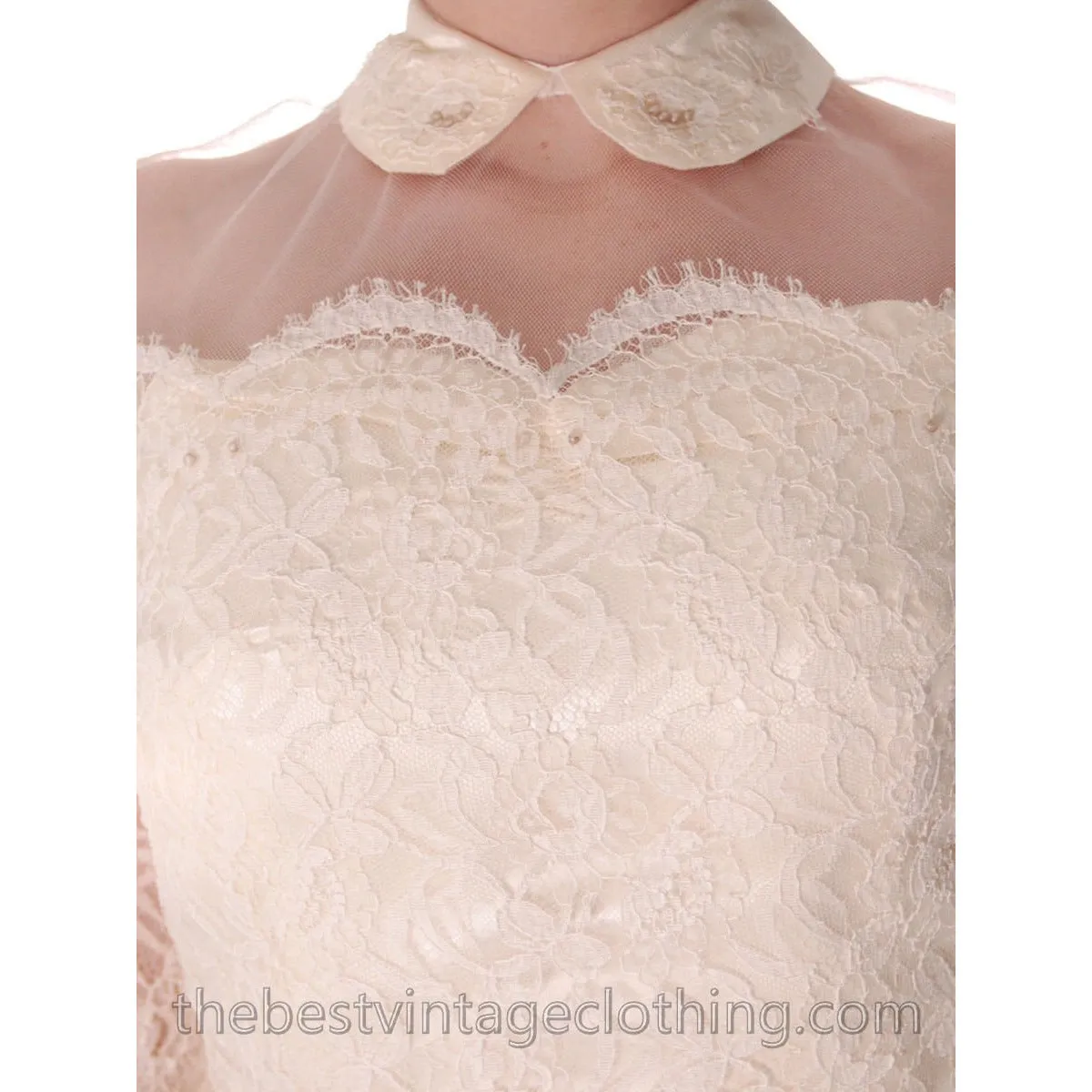 Vtg Wedding Dress Late 1940s New Look Candlelight Chantilly Lace 30-23-Free Small