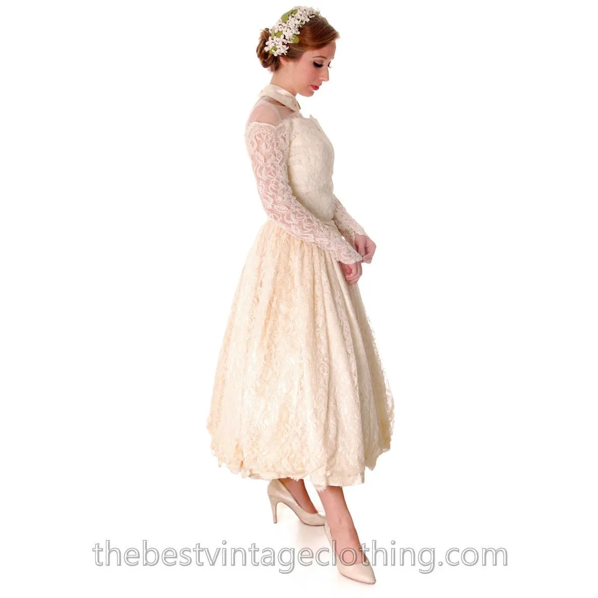 Vtg Wedding Dress Late 1940s New Look Candlelight Chantilly Lace 30-23-Free Small
