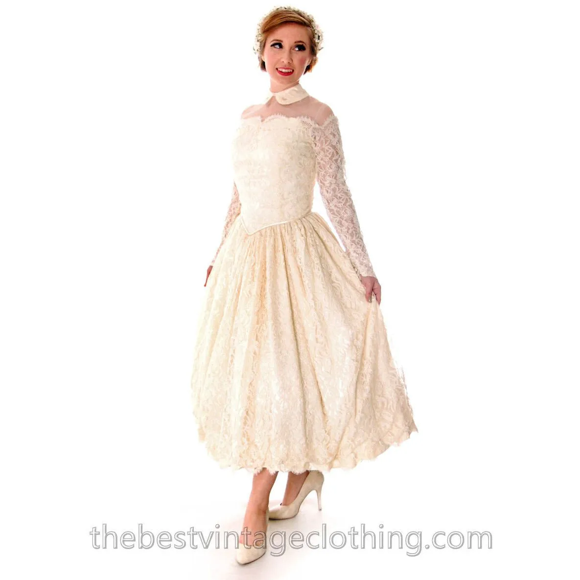 Vtg Wedding Dress Late 1940s New Look Candlelight Chantilly Lace 30-23-Free Small