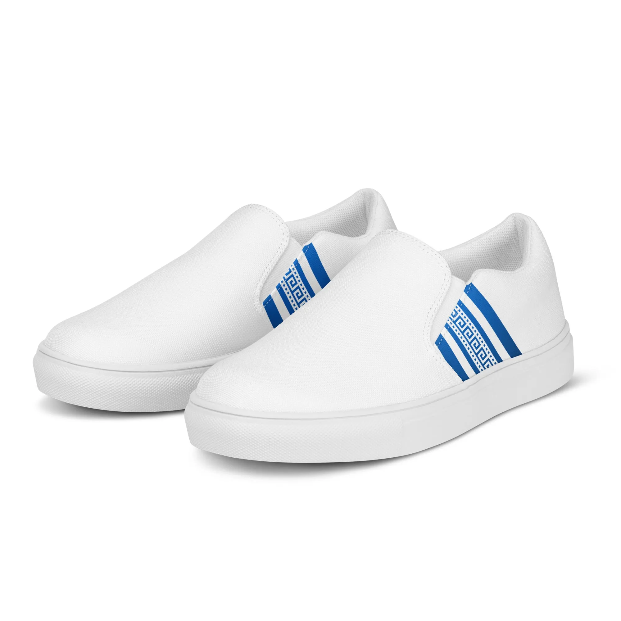 White Blue Greek Key Men’s slip-on canvas shoes