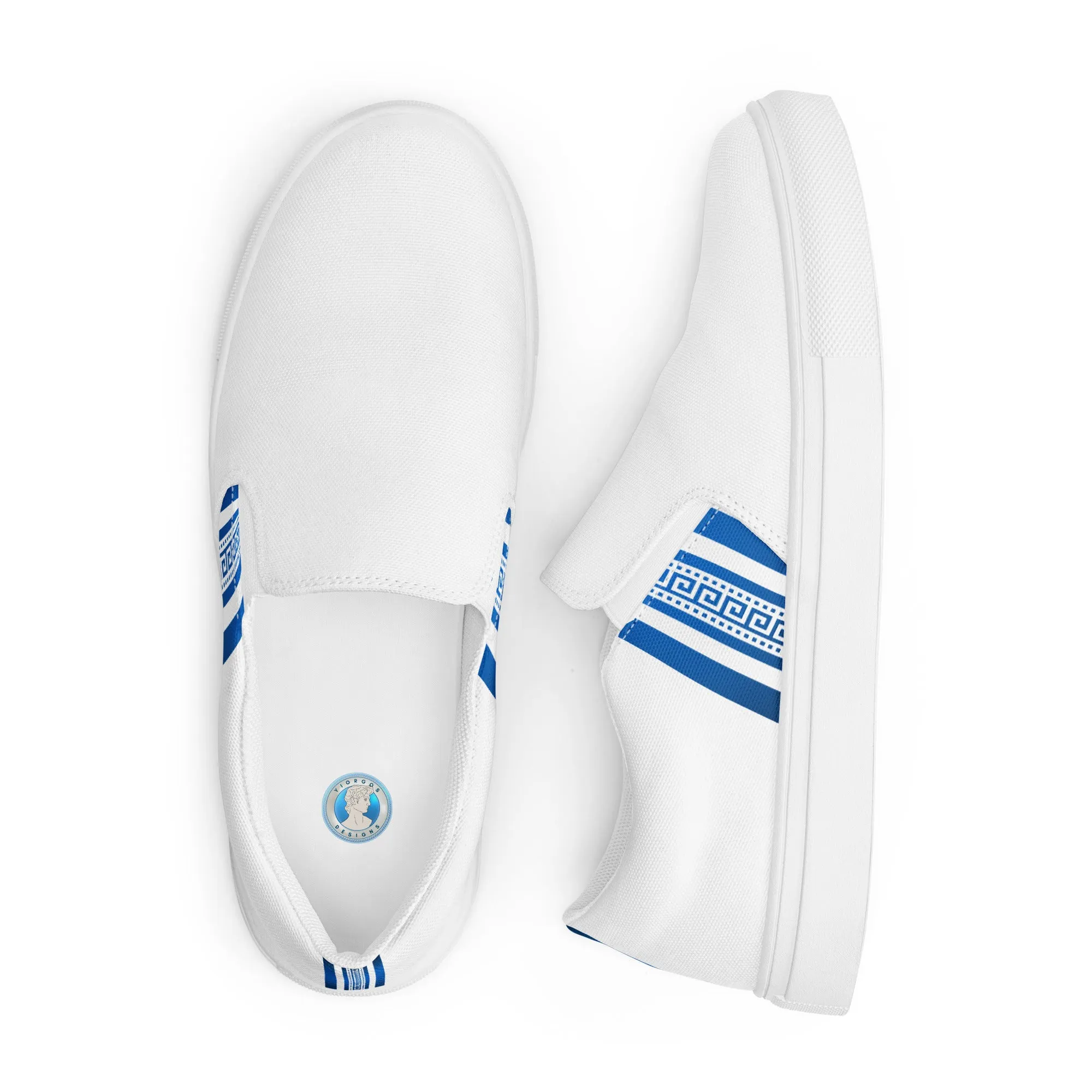 White Blue Greek Key Men’s slip-on canvas shoes
