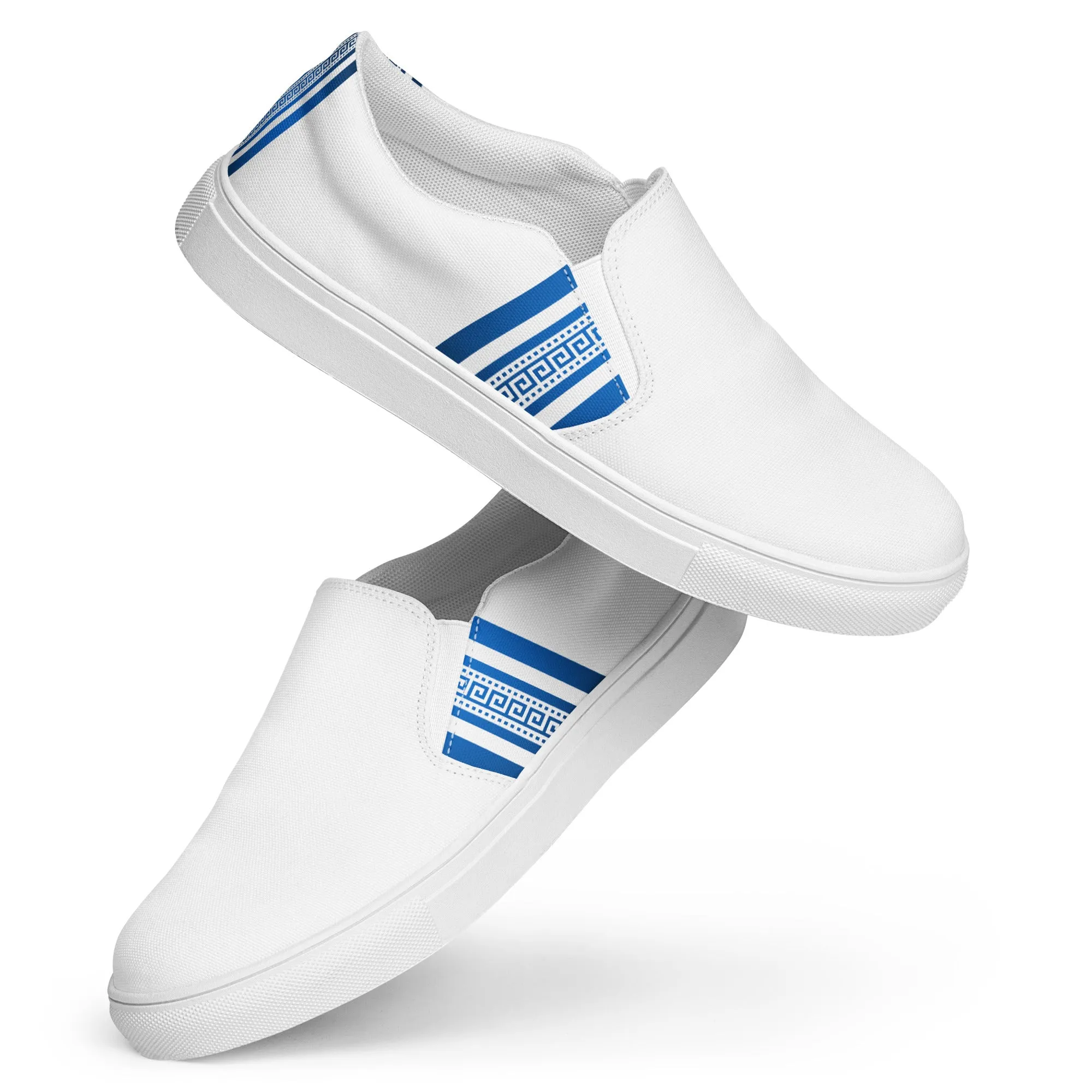 White Blue Greek Key Men’s slip-on canvas shoes