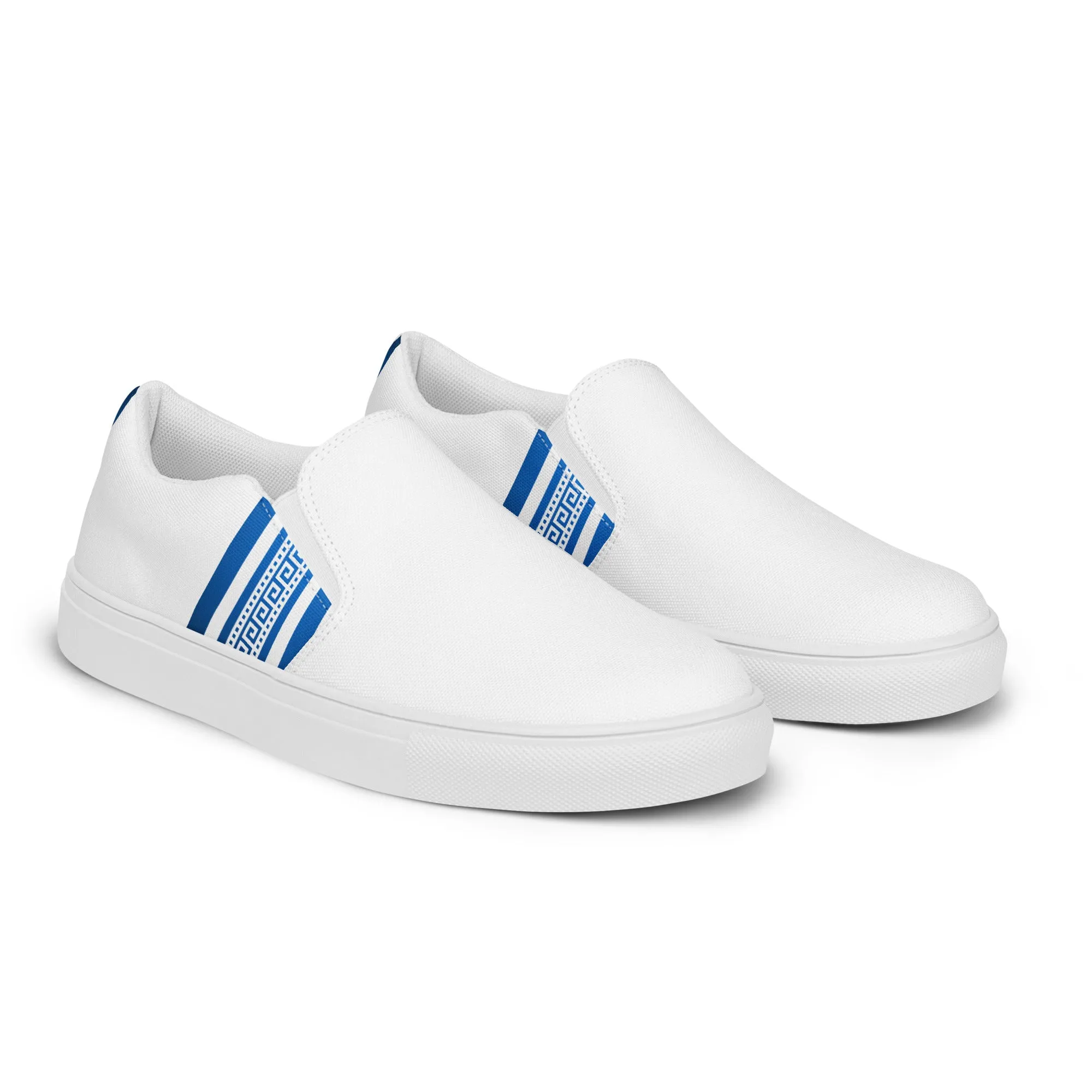 White Blue Greek Key Men’s slip-on canvas shoes