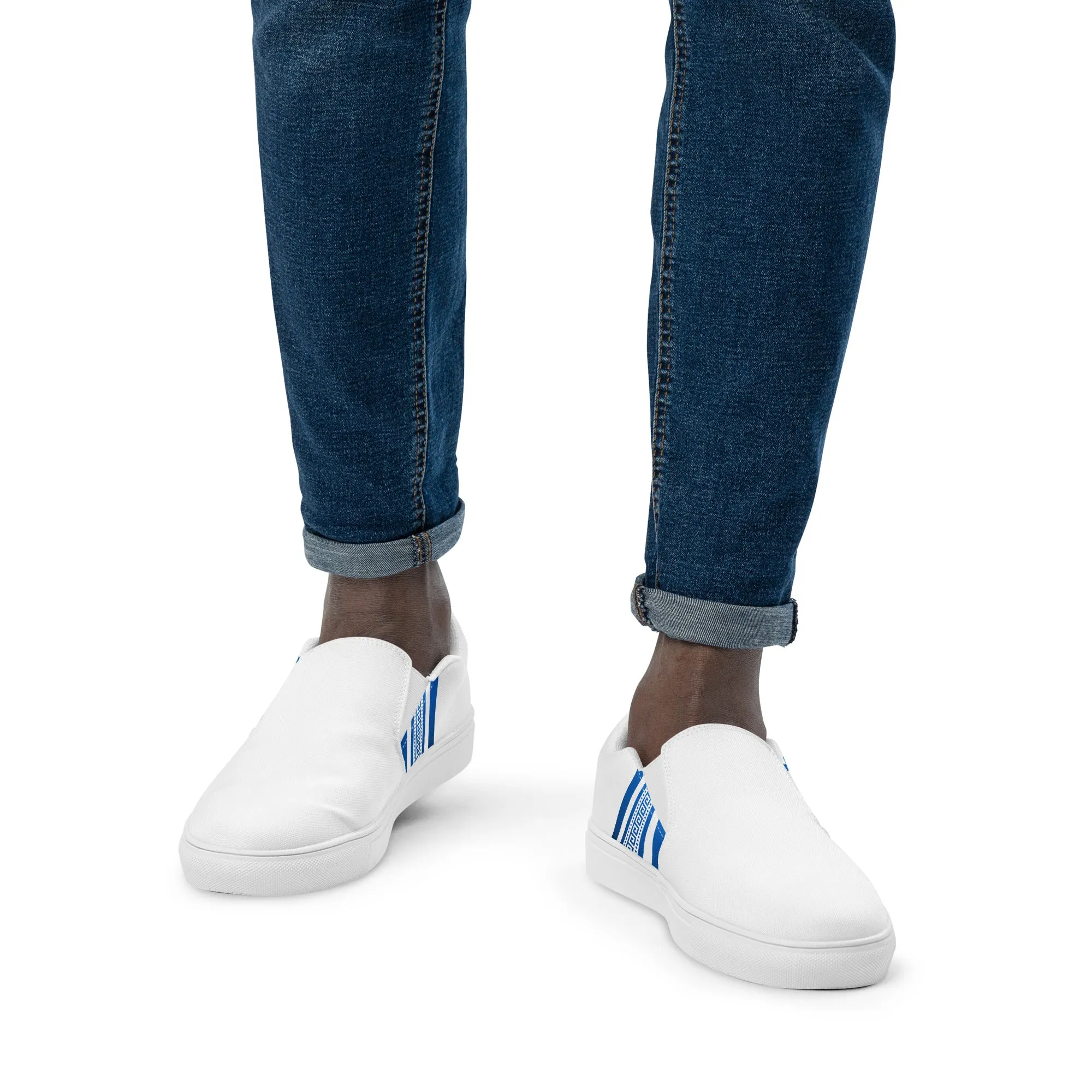 White Blue Greek Key Men’s slip-on canvas shoes