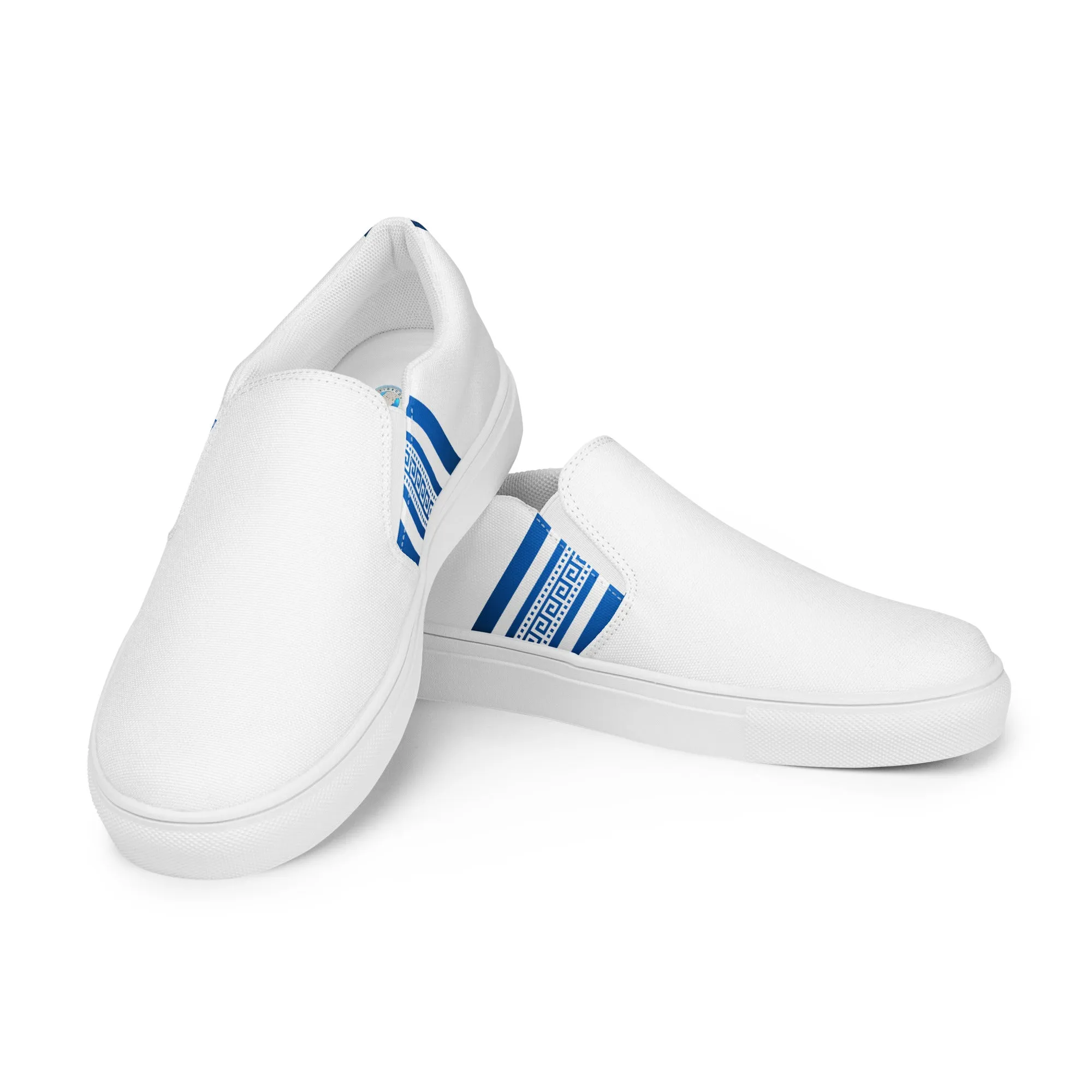 White Blue Greek Key Men’s slip-on canvas shoes