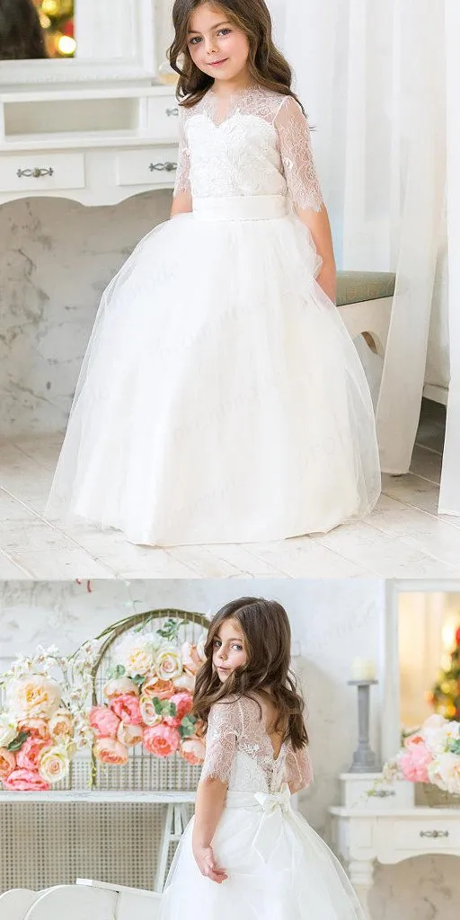 White Long Sleeves  A-line Tulle & Lace Flower Girl Dress,Cheap Flower Girl Dresses,FGY0183