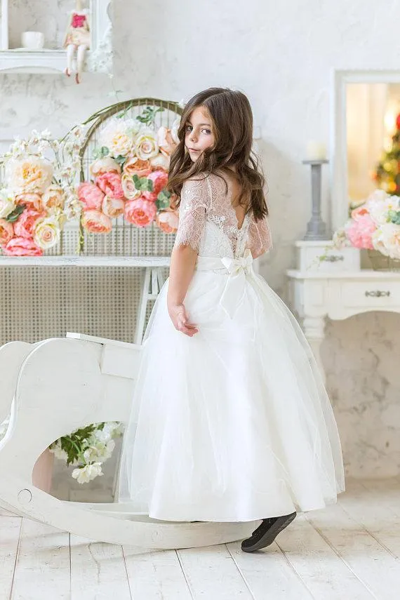 White Long Sleeves  A-line Tulle & Lace Flower Girl Dress,Cheap Flower Girl Dresses,FGY0183