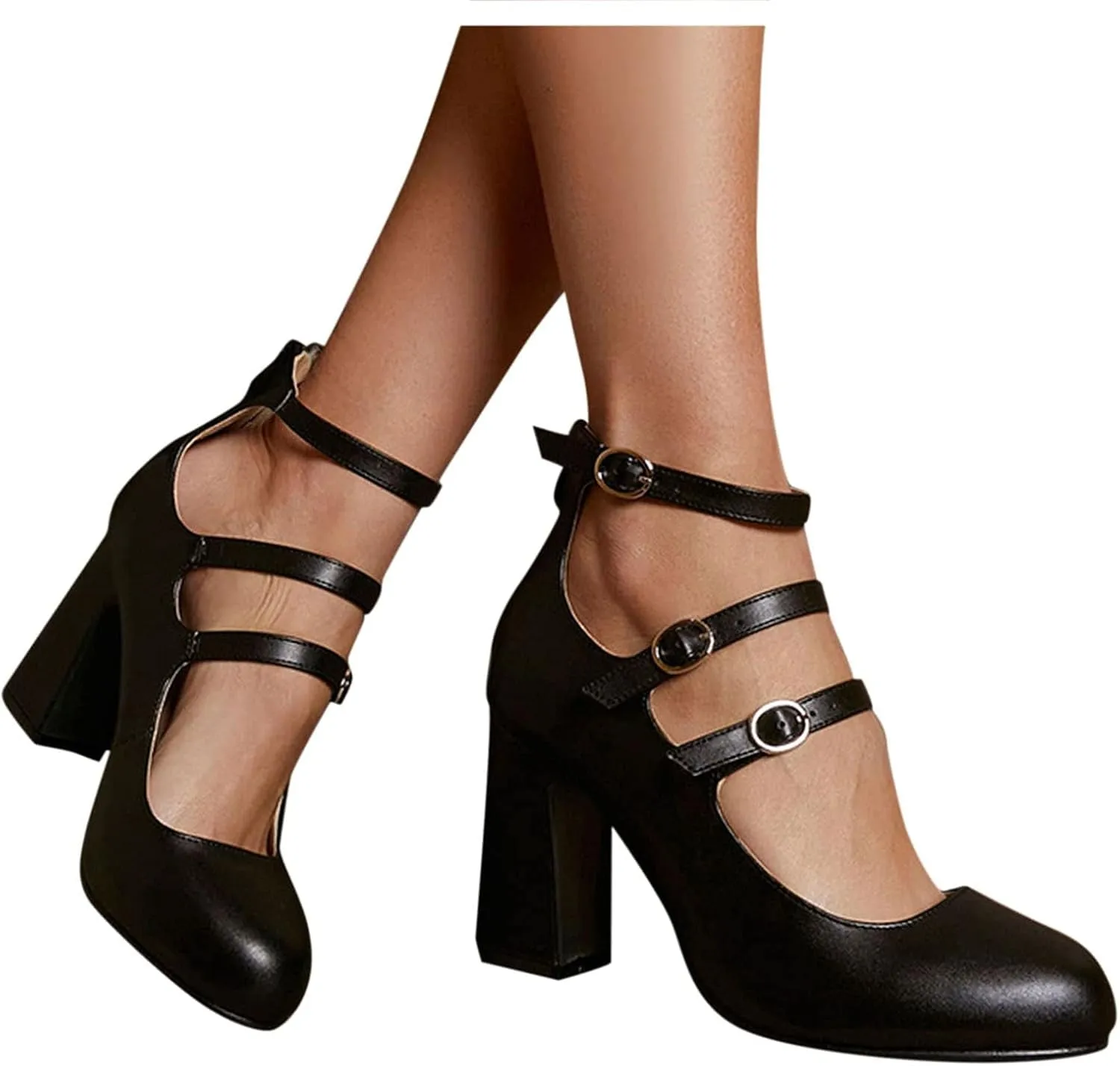 Women'S Closed Toe Ankle Buckle Strap Chunky Block Heel Mary Jane Shoes Vintage round Toe Mary Jane Dress Pumps