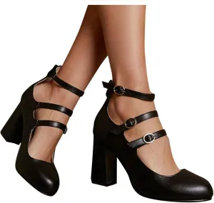 Women'S Closed Toe Ankle Buckle Strap Chunky Block Heel Mary Jane Shoes Vintage round Toe Mary Jane Dress Pumps