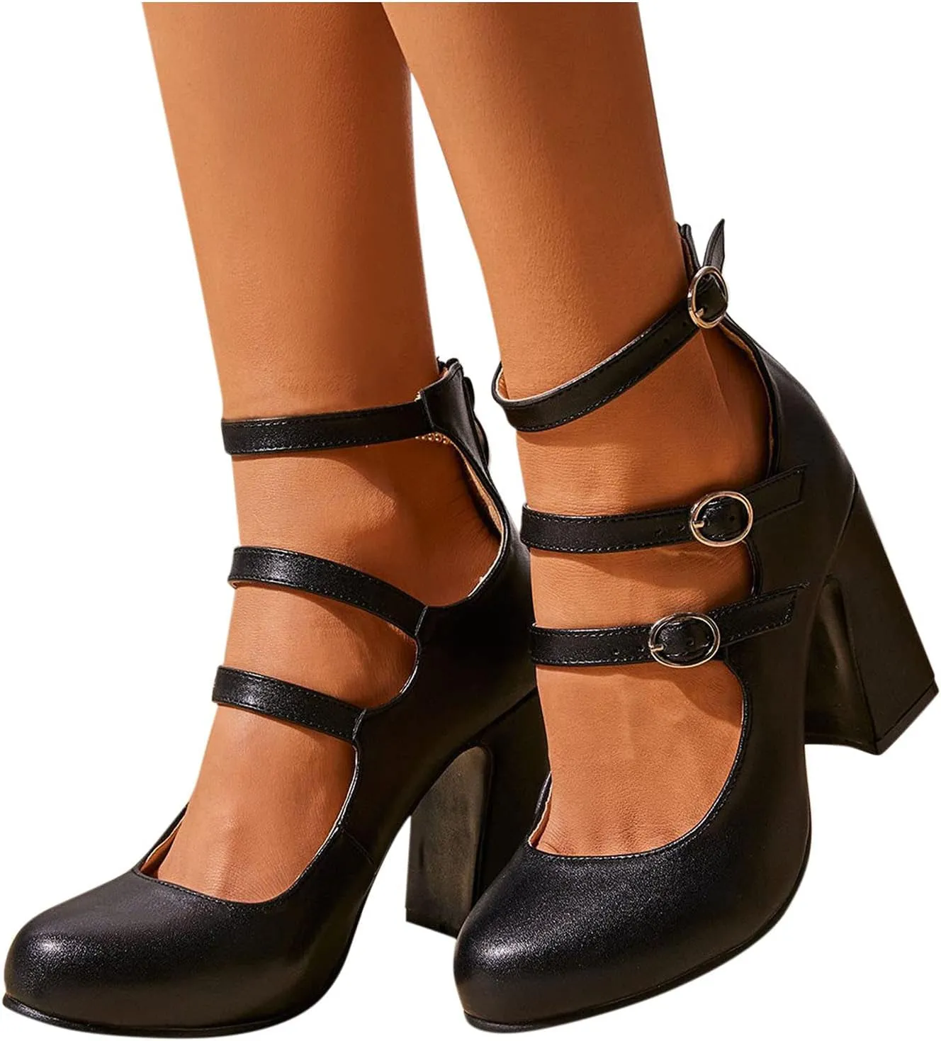 Women'S Closed Toe Ankle Buckle Strap Chunky Block Heel Mary Jane Shoes Vintage round Toe Mary Jane Dress Pumps