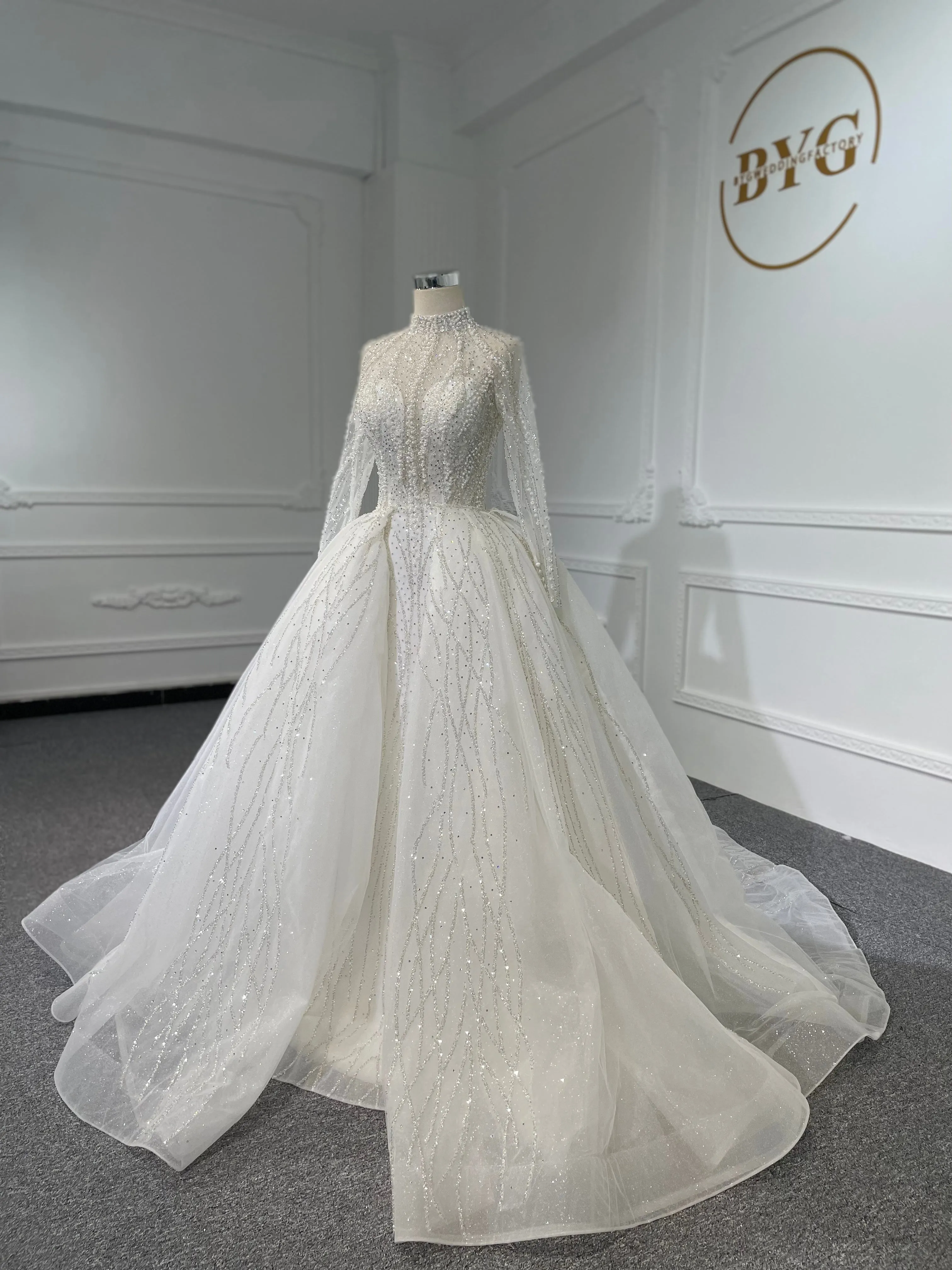Z037- BYG Shiny stone with pearl beading mermaid wedding dress with detachable train
