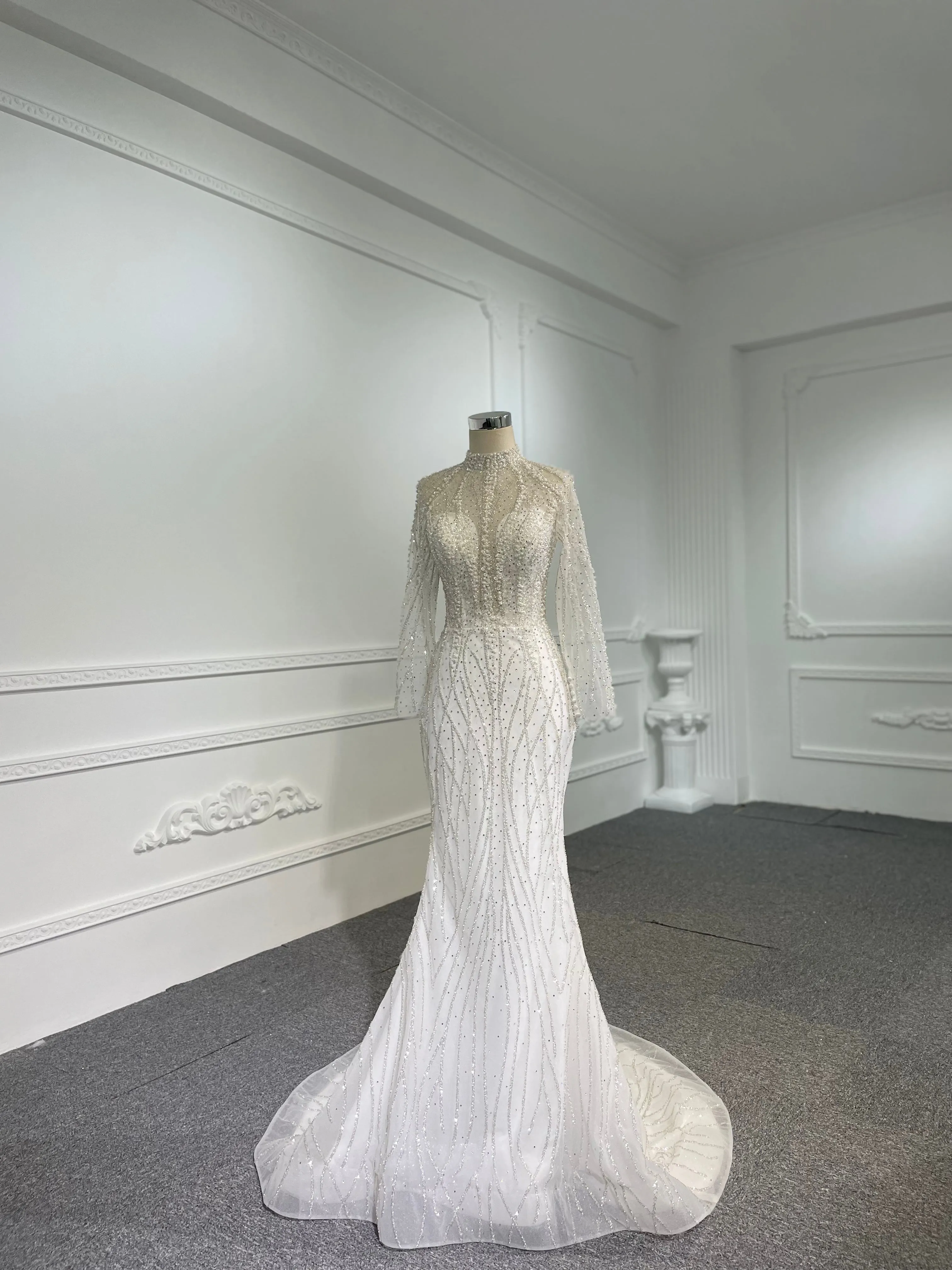 Z037- BYG Shiny stone with pearl beading mermaid wedding dress with detachable train
